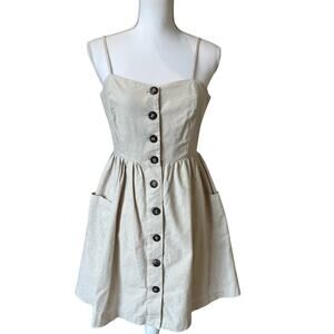 She & Sky Dress Sundress Size Medium Beige Cream Cotton Smocking Buttons Lined